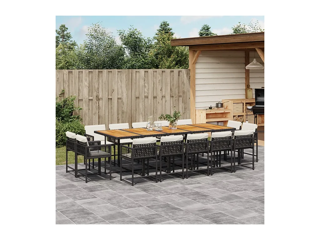 15-tlg. Garten-Essgruppe mit Kissen Schwarz Poly Rattan