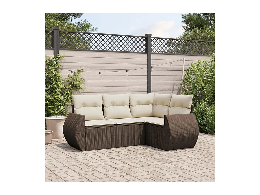 Salon de jardin 4 pcs avec coussins marron résine tressée