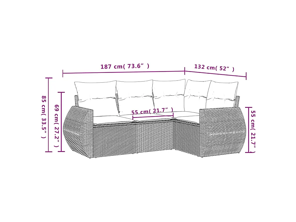 4-delige Loungeset met kussens poly rattan bruin