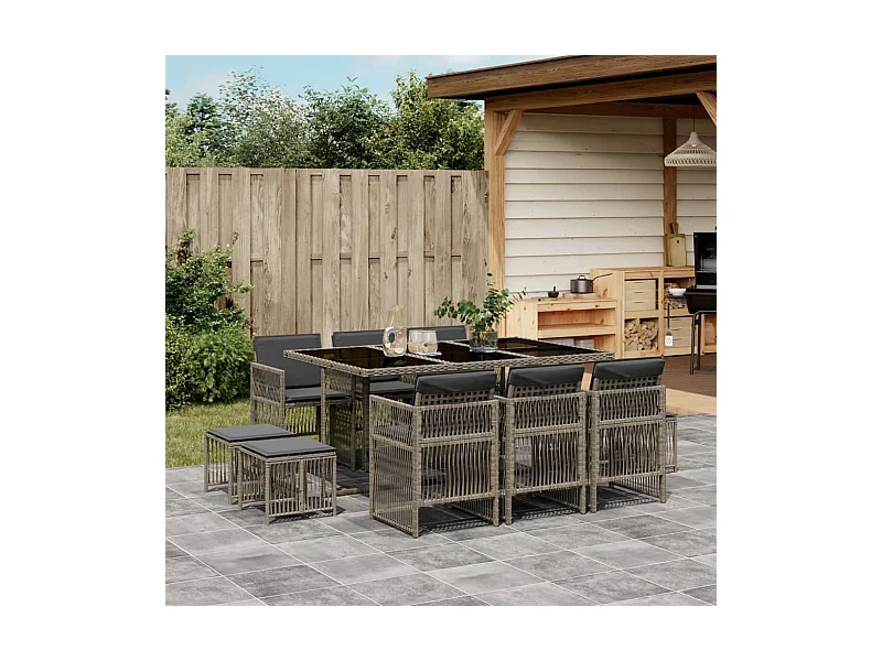 11-tlg. Garten-Essgruppe mit Kissen Grau Poly Rattan