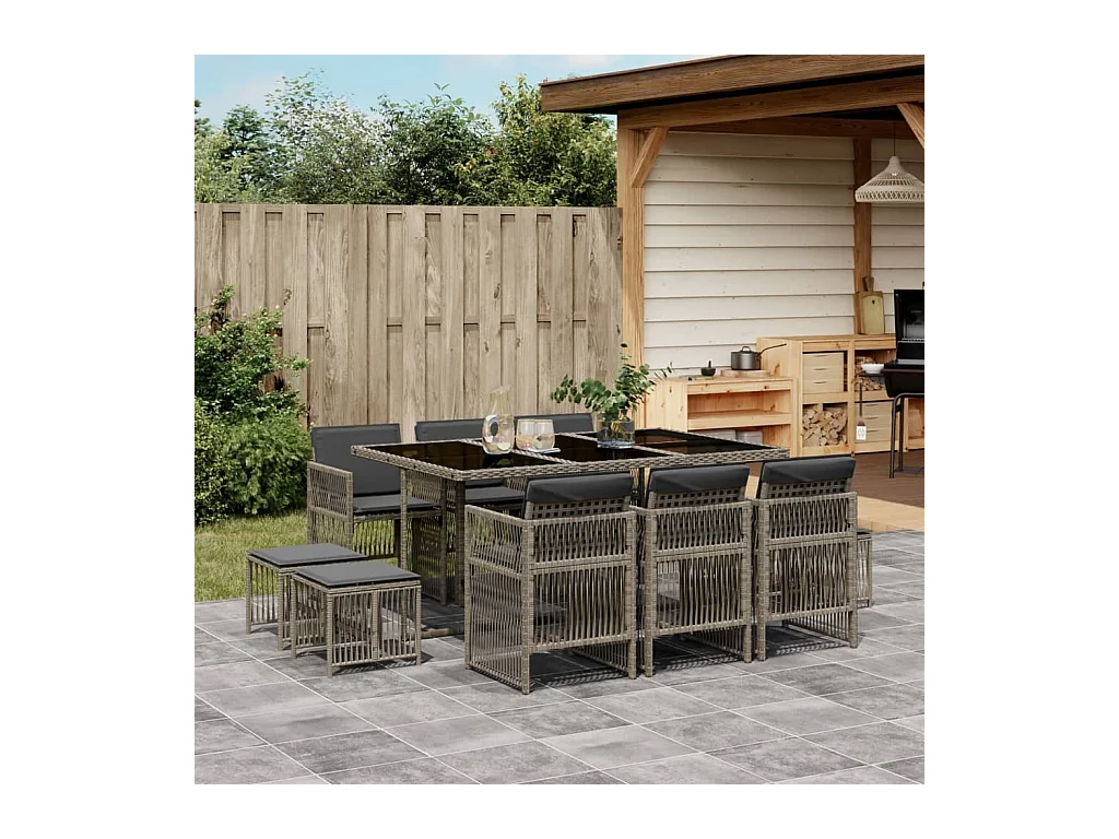 Ensemble à manger de jardin 11pcs avec coussins gris poly rotin