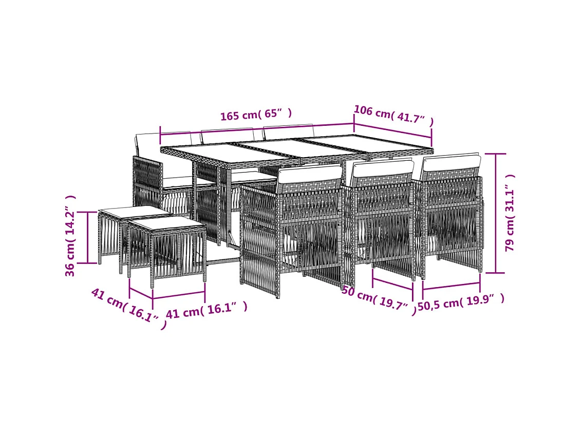 Ensemble à manger de jardin 11pcs avec coussins gris poly rotin