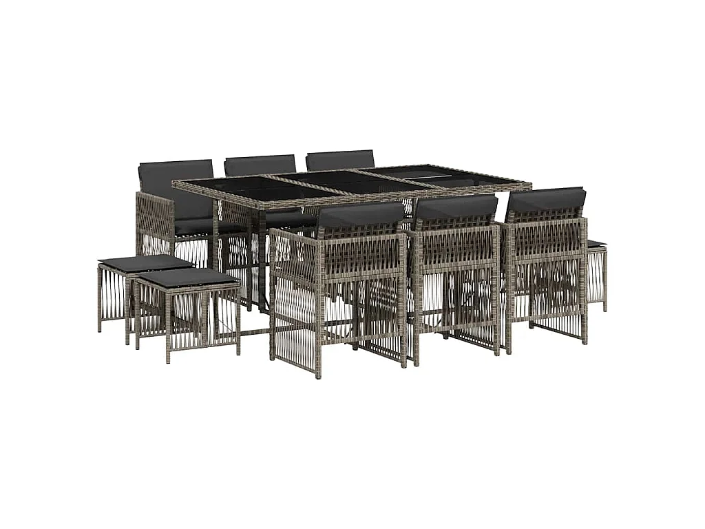 Set da Pranzo da Giardino 11pz con Cuscini in Polyrattan Grigio