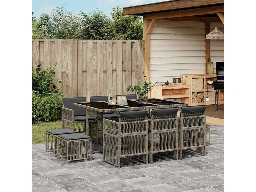 Set da Pranzo da Giardino 11pz con Cuscini in Polyrattan Grigio