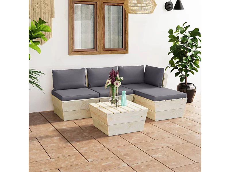 Set Divani da Giardino su Pallet 5 pz con Cuscini Legno Abete