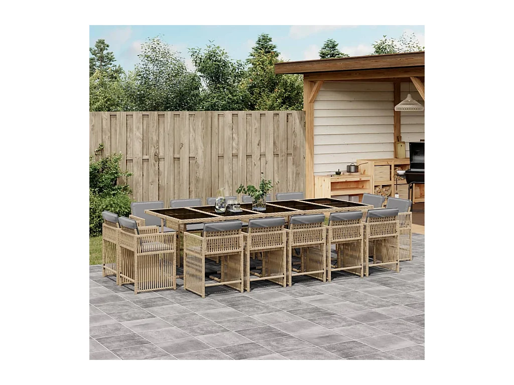 Ensemble à manger de jardin et coussins 15 pcs mélange beige
