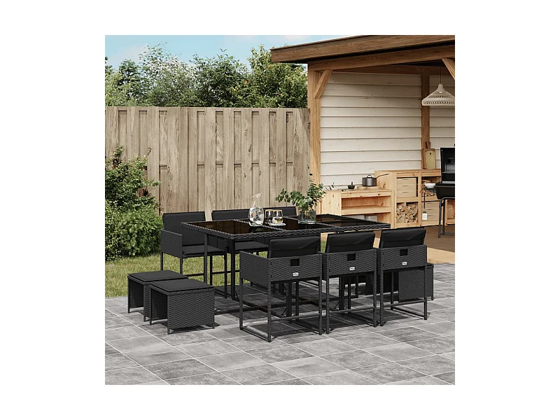 Ensemble à manger de jardin 11 pcs coussins noir résine tressée