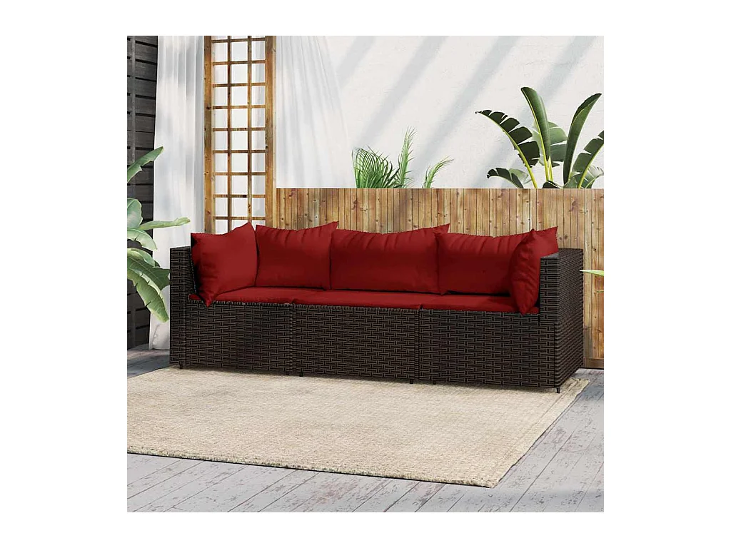 Salon de jardin 3 pcs avec coussins marron résine tressée
