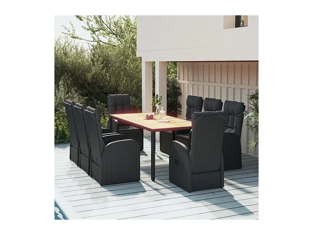 9-tlg. Garten-Essgruppe mit Kissen Schwarz Poly Rattan
