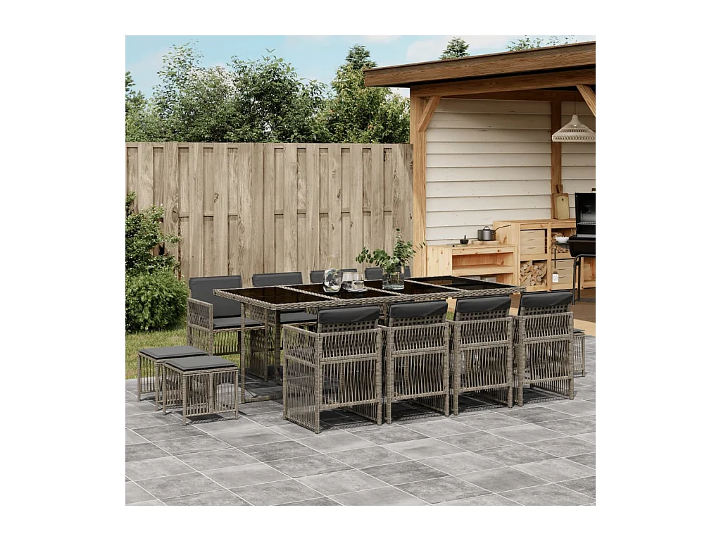 Ensemble à manger de jardin coussins 13 pcs gris résine tressée