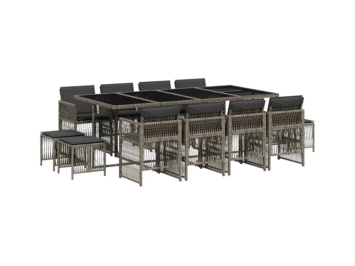 Ensemble à manger de jardin coussins 13 pcs gris résine tressée