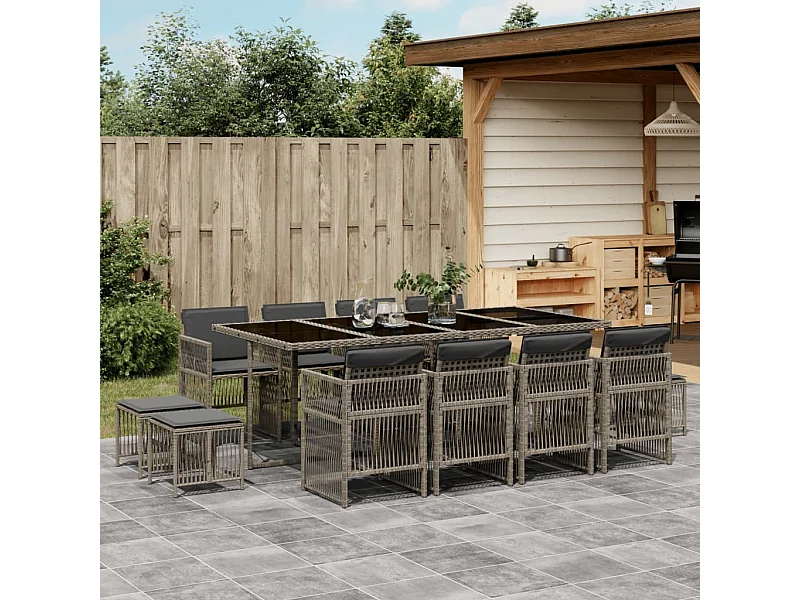 Ensemble à manger de jardin coussins 13 pcs gris résine tressée
