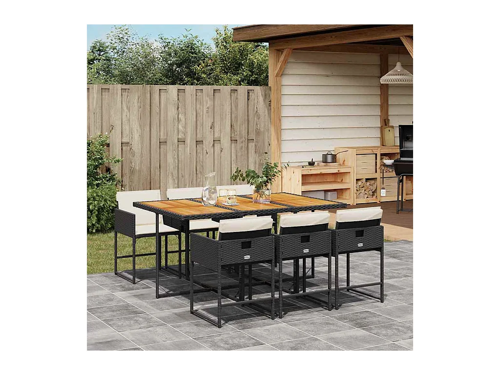 7-tlg. Garten-Essgruppe mit Kissen Schwarz Poly Rattan