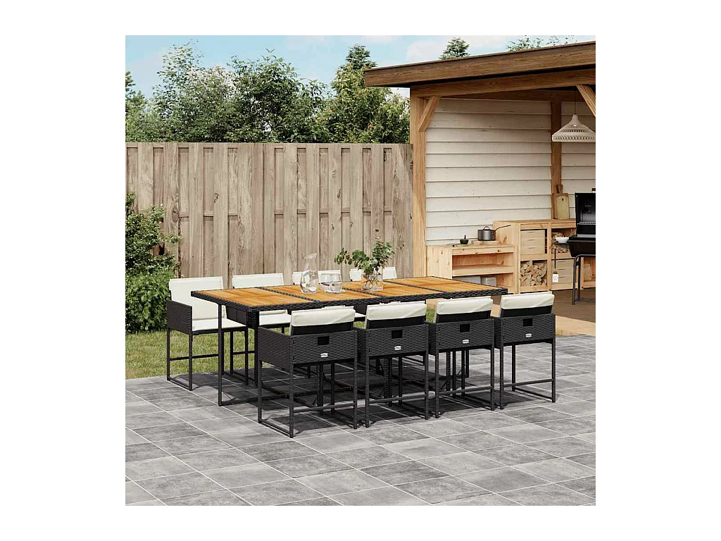 9 pcs conjunto de jantar p/ jardim c/ almofadões vime PE preto