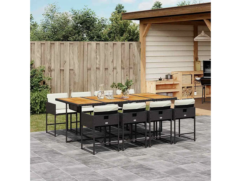 Set de comedor de jardín 9 pzas y cojines ratán sintético negro