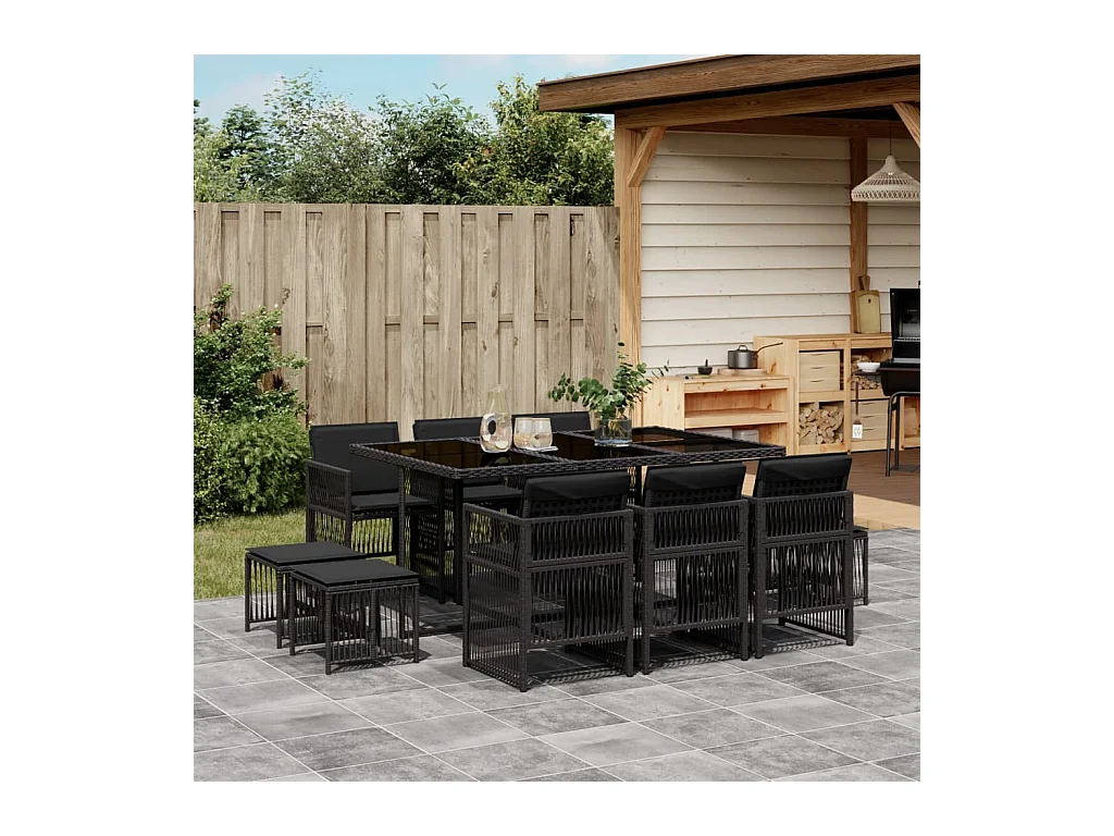 Set da Pranzo da Giardino 11 pz con Cuscini in Polyrattan Nero