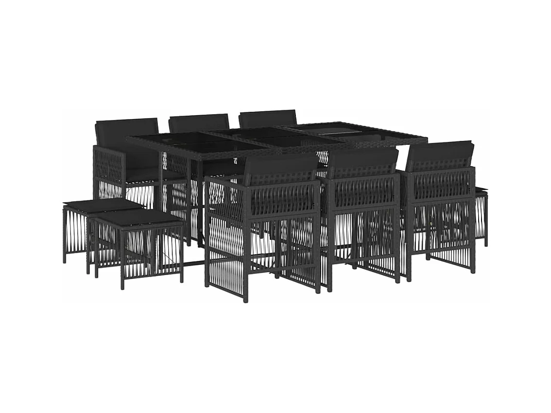11-tlg. Garten-Essgruppe mit Kissen Schwarz Poly Rattan
