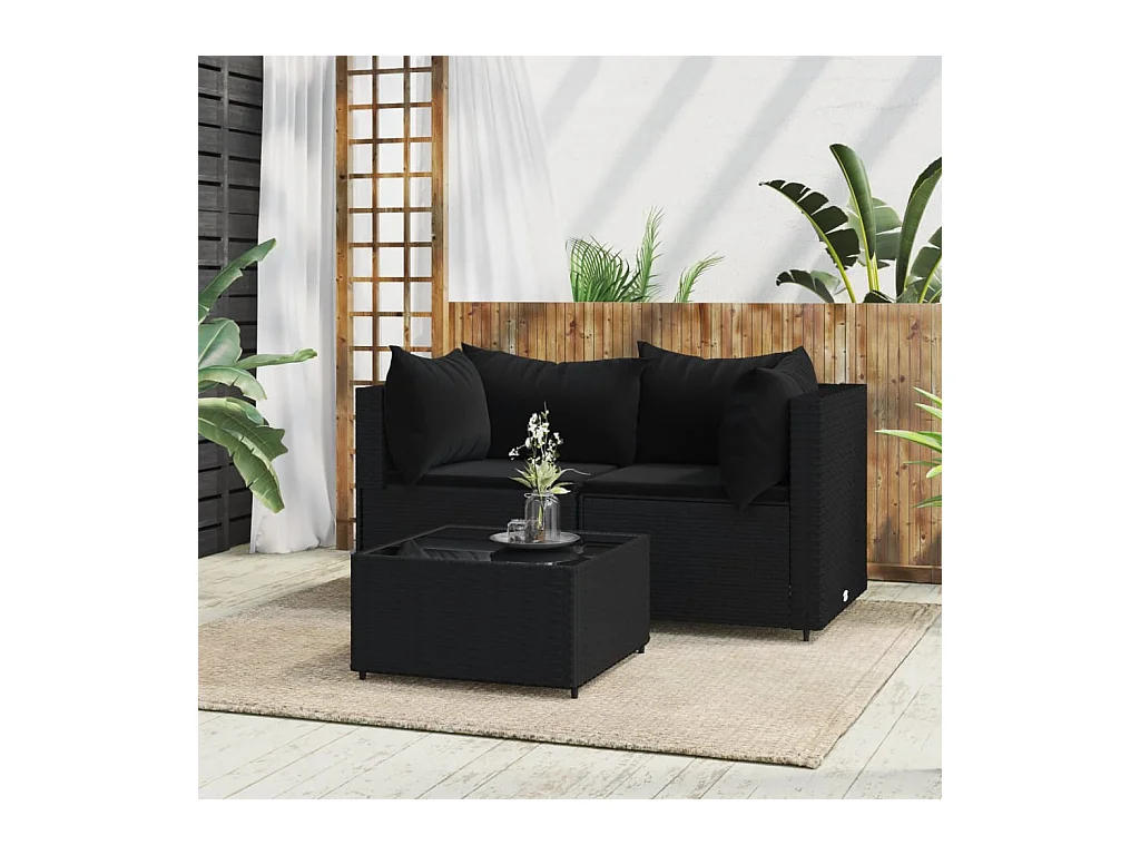 Salon de jardin 3 pcs avec coussins Noir Résine tressée