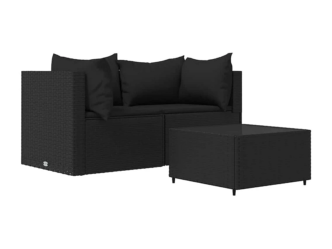 Salon de jardin 3 pcs avec coussins Noir Résine tressée