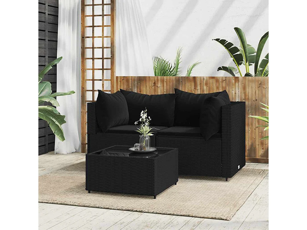 Salon de jardin 3 pcs avec coussins Noir Résine tressée