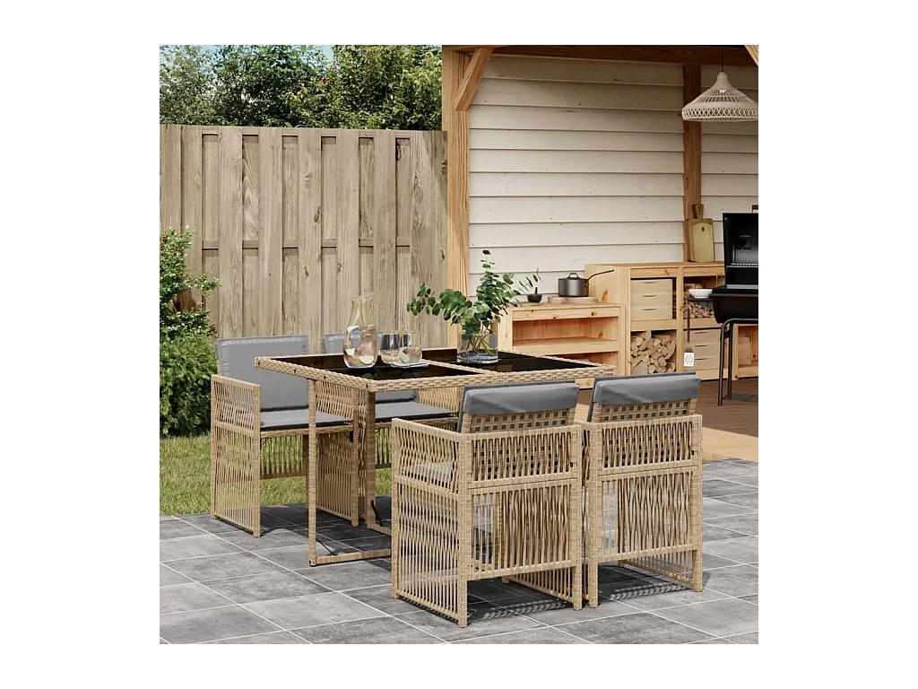 Ensemble à manger de jardin coussins 5 pcs mélange beige rotin