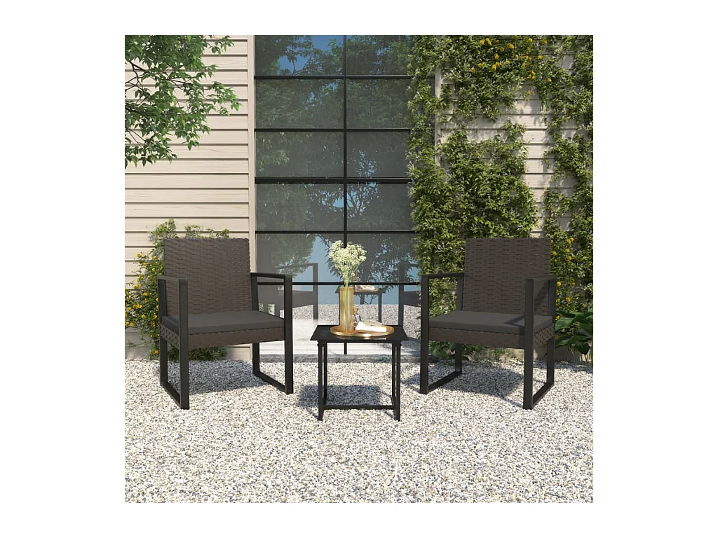 Salon de jardin 3 pcs avec coussins Noir Résine tressée