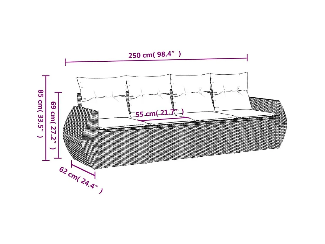 4-delige Loungeset met kussens poly rattan bruin