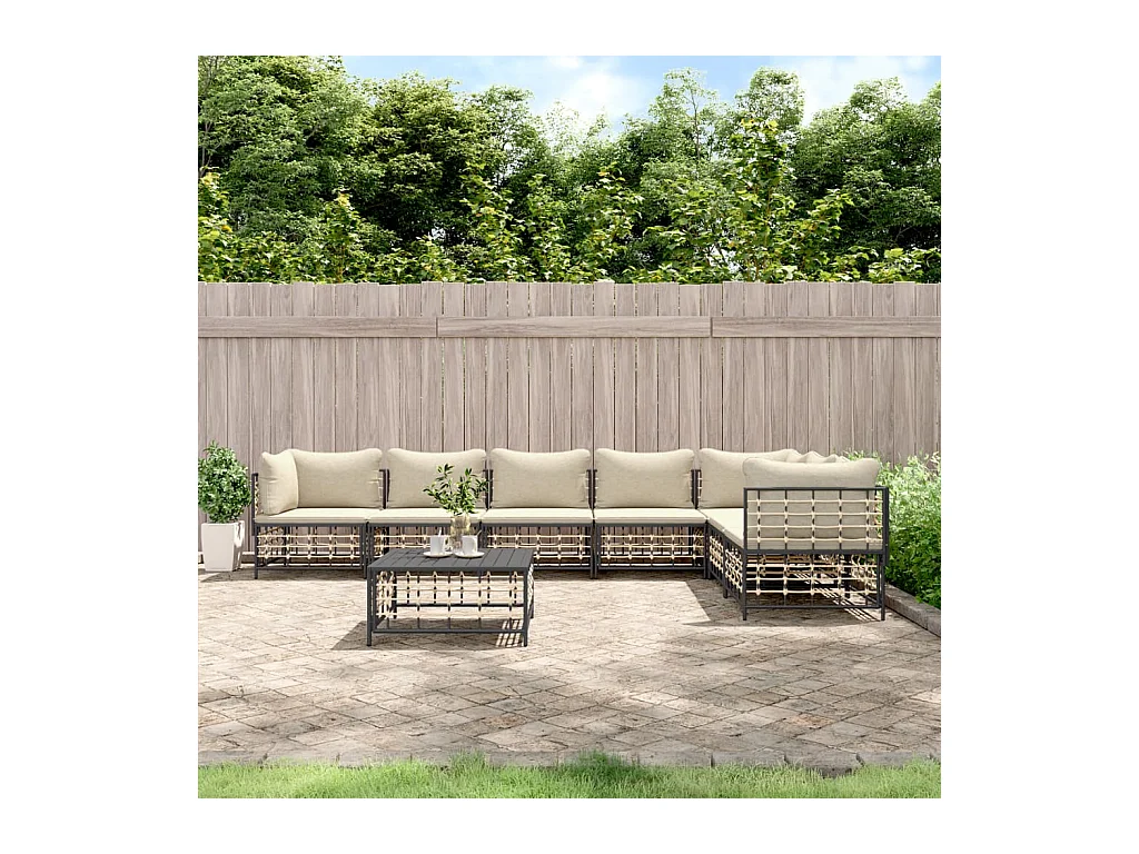 8-tlg. Garten-Lounge-Set mit Kissen Anthrazit Poly Rattan