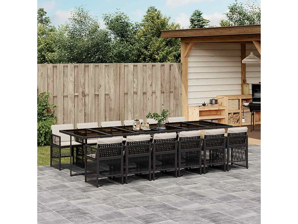 Ensemble à manger de jardin 13 pcs coussins noir résine tressée