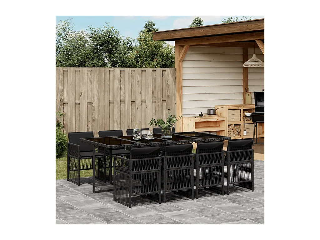 9 pcs conjunto de jantar p/ jardim c/ almofadões vime PE preto