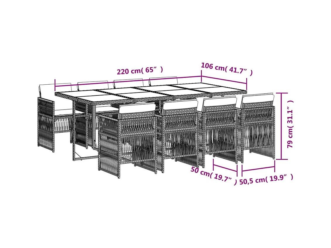 9 pcs conjunto de jantar p/ jardim c/ almofadões vime PE preto