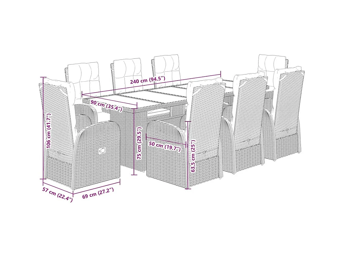 Ensemble à manger de jardin 9pcs coussins noir résine tressée