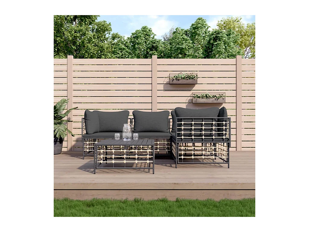 Salon de jardin 5 pcs avec coussins anthracite résine tressée