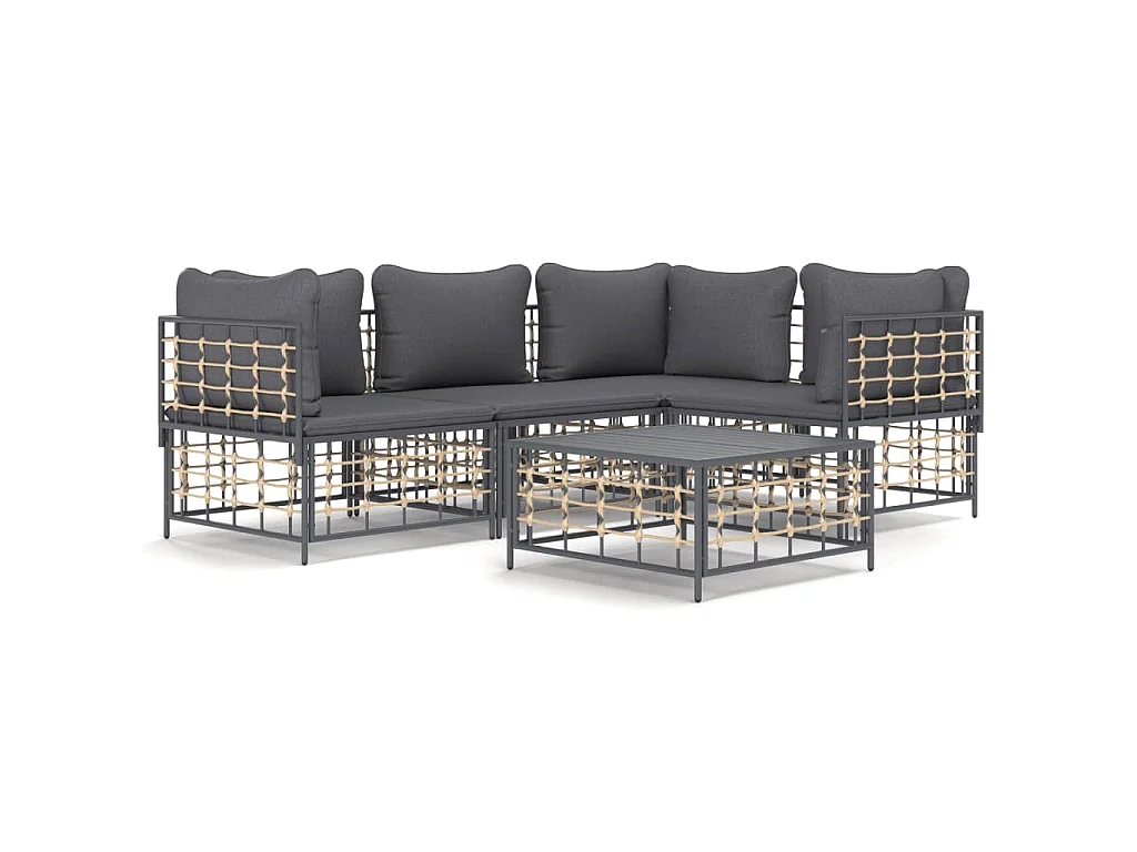 5-delige Loungeset met kussens poly rattan antracietkleurig