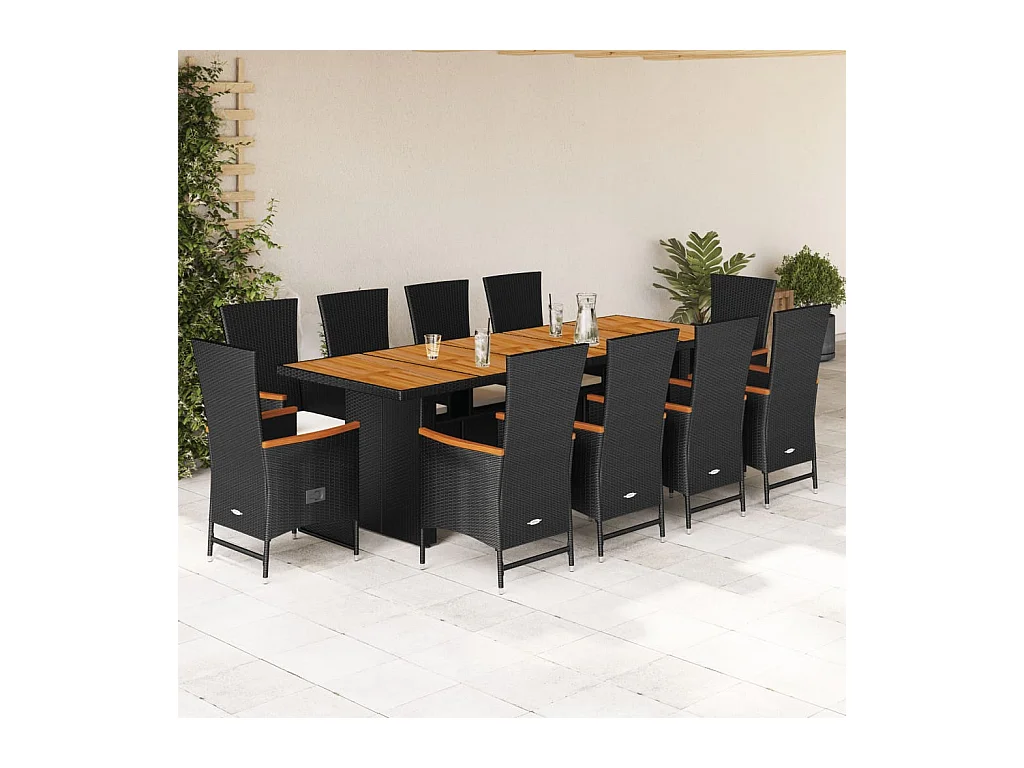 Ensemble à manger de jardin 11 pcs coussins noir résine tressée