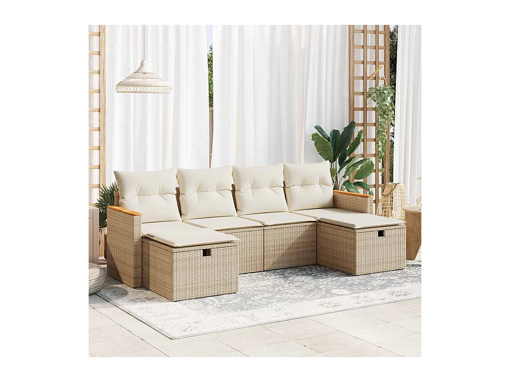 6-delige Loungeset met kussens poly rattan beige