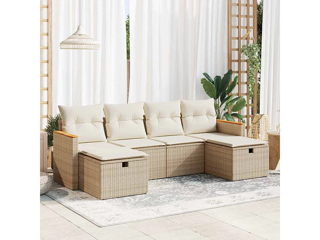 6-delige Loungeset met kussens poly rattan beige