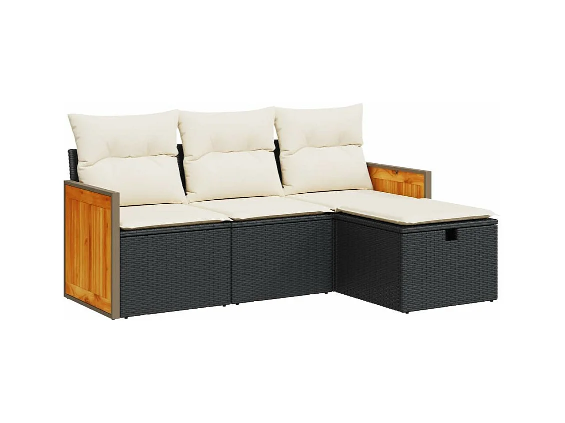 Salon de jardin 4 pcs avec coussins noir résine tressée