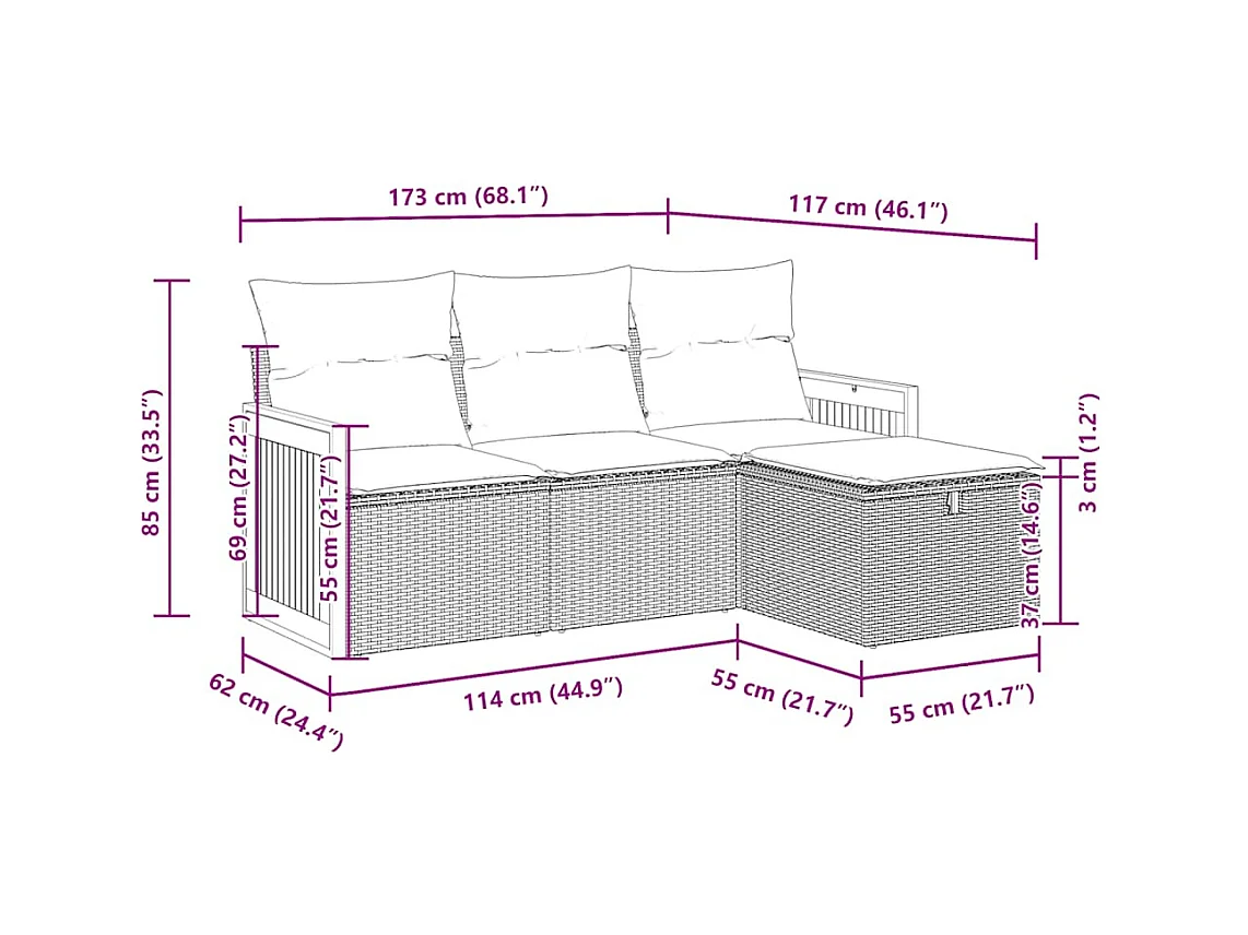Salon de jardin 4 pcs avec coussins noir résine tressée