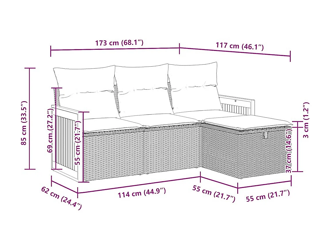 Juego de sofás jardín 4 pzas con cojines ratán sintético negro