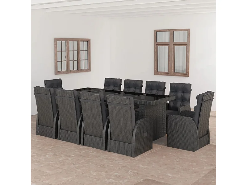 11 pcs conjunto jantar exterior com almofadões vime PE preto