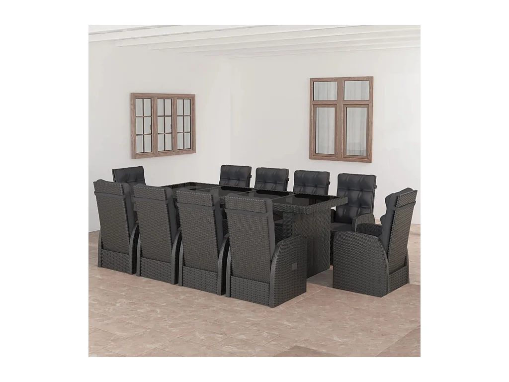 11 pcs conjunto jantar exterior com almofadões vime PE preto
