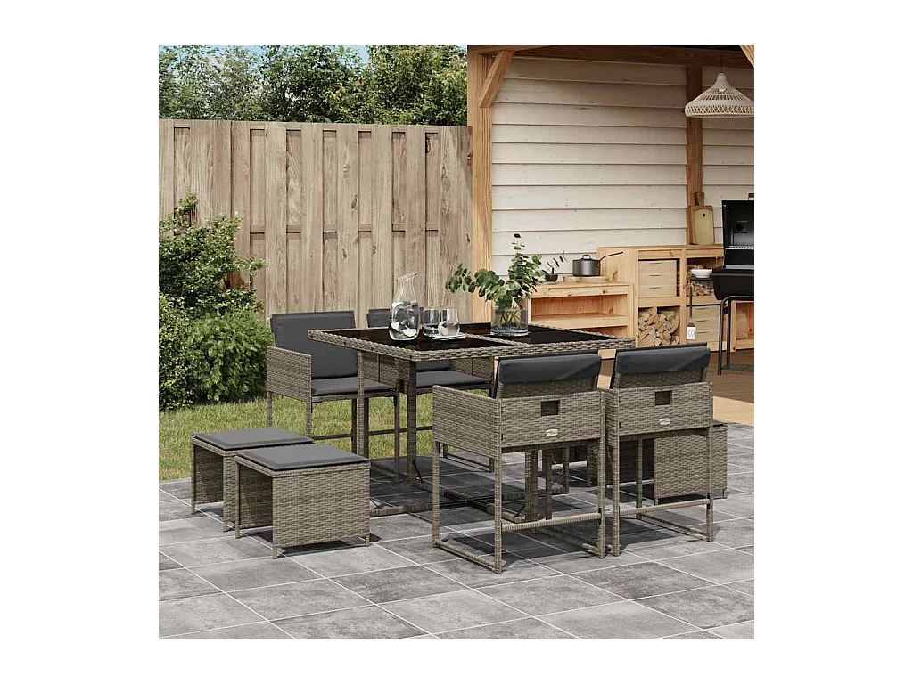 Ensemble à manger de jardin 9 pcs coussins gris résine tressée