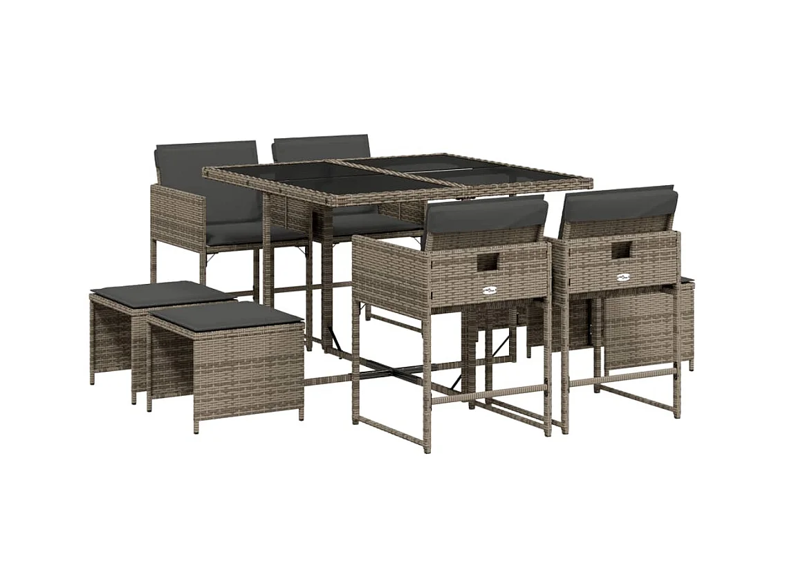 Ensemble à manger de jardin 9 pcs coussins gris résine tressée
