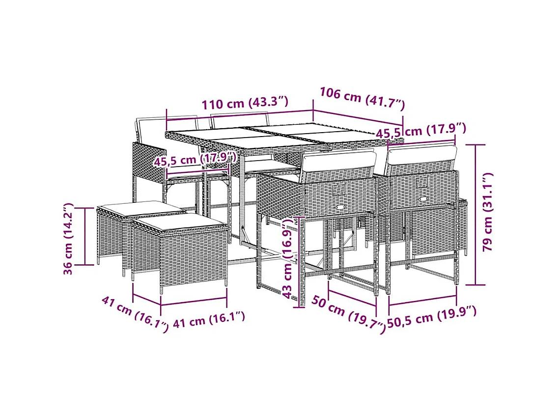 Ensemble à manger de jardin 9 pcs coussins gris résine tressée
