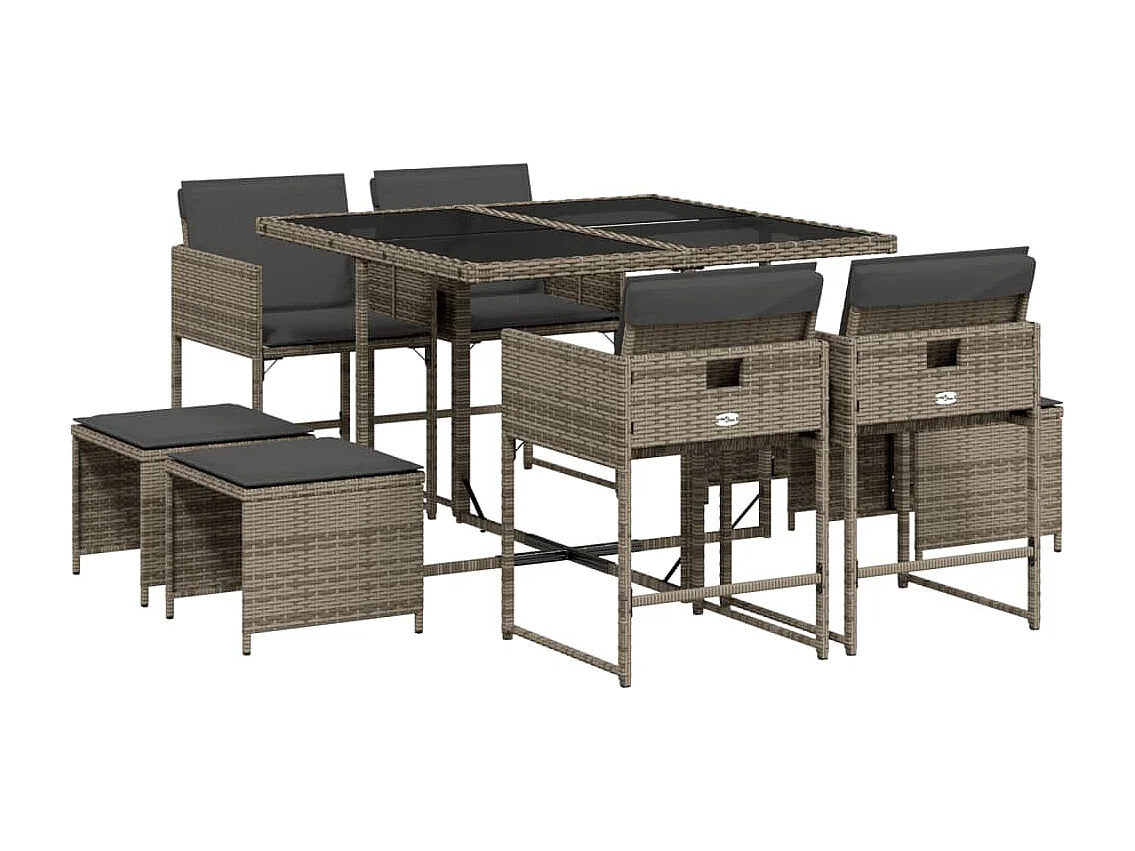 9-tlg. Garten-Essgruppe mit Kissen Grau Poly Rattan