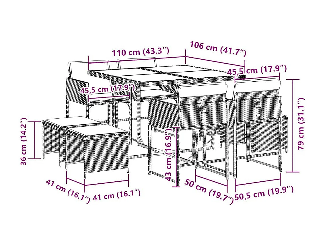 9-tlg. Garten-Essgruppe mit Kissen Grau Poly Rattan