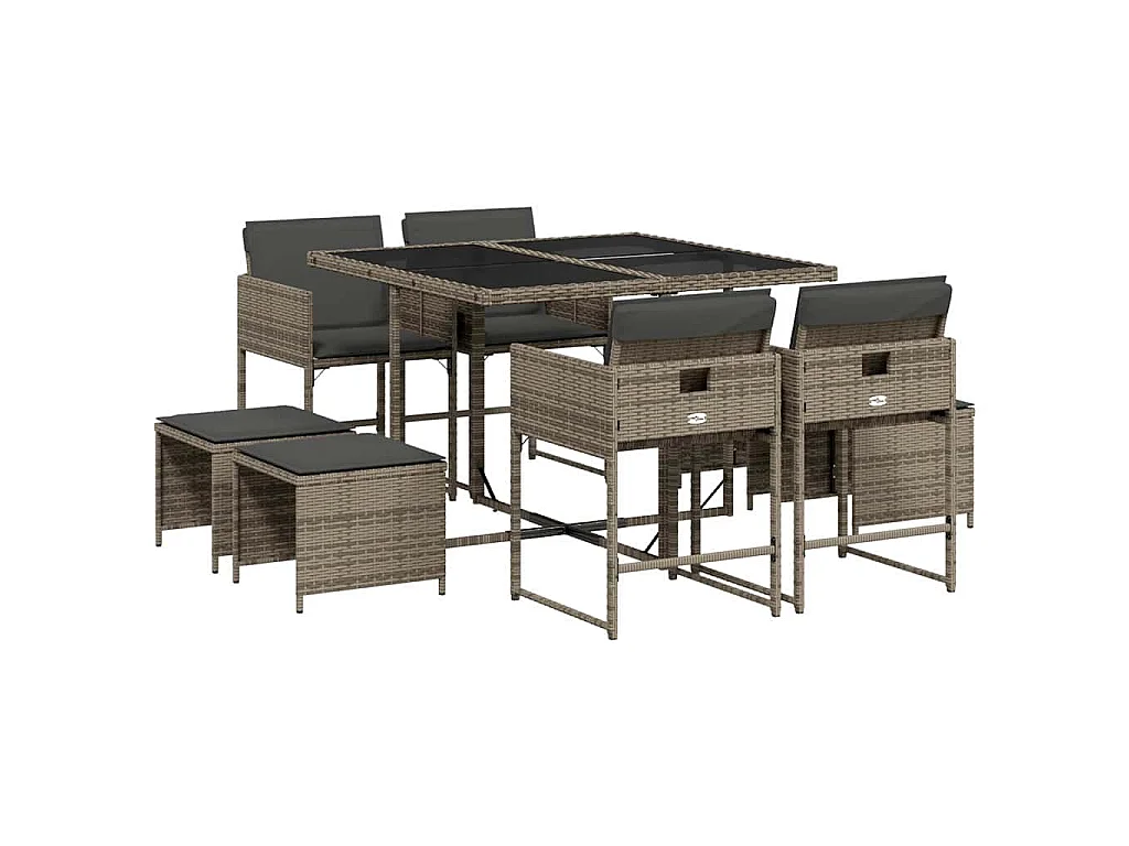 Set comedor jardín 9 pzas y cojines ratán sintético gris