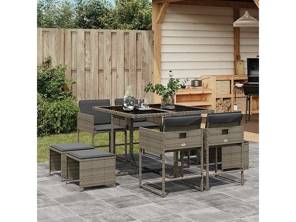 Set comedor jardín 9 pzas y cojines ratán sintético gris