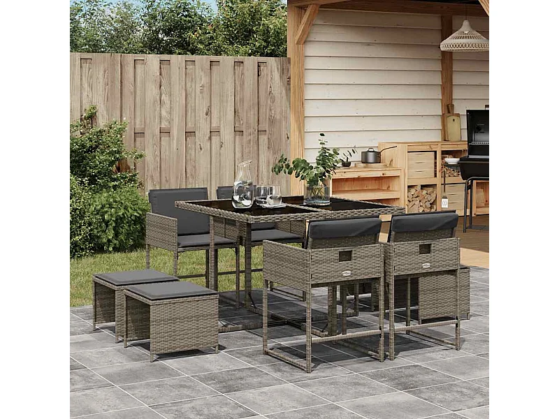 9-tlg. Garten-Essgruppe mit Kissen Grau Poly Rattan